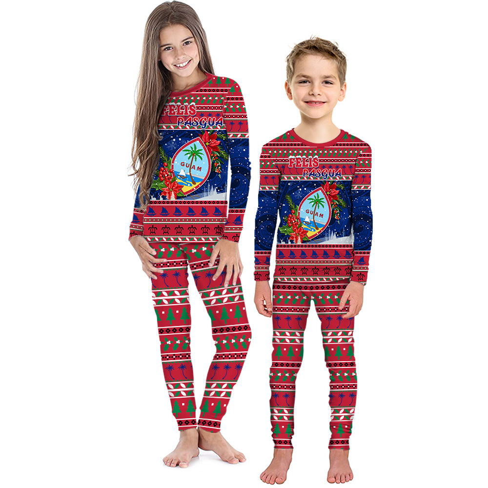 Guam Christmas Pajama Set KID Guaman Seal Poinsettia Felis Pasgua LT05 Blue - Polynesian Pride
