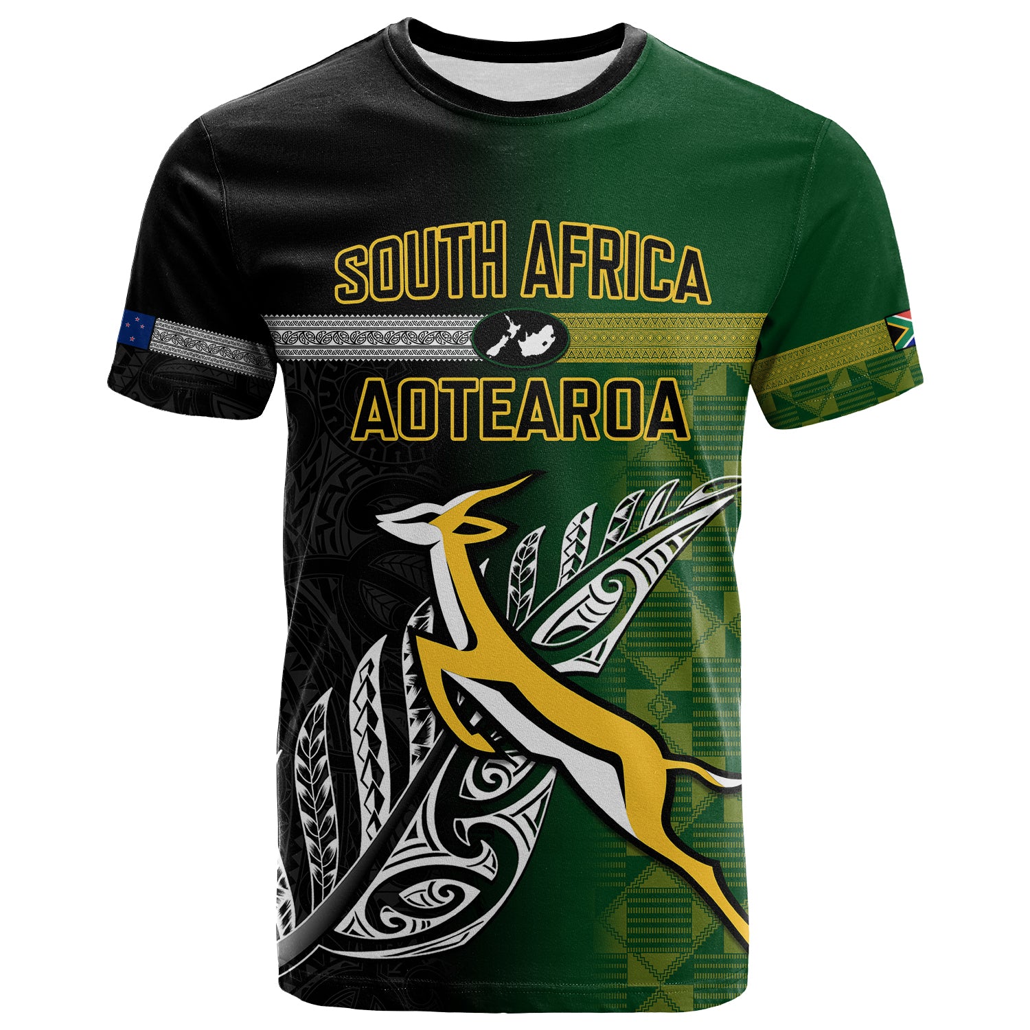 Personalised New Zealand and South Africa Rugby T Shirt 2023 World Cup Final All Black With Springboks LT14 Black - Polynesian Pride