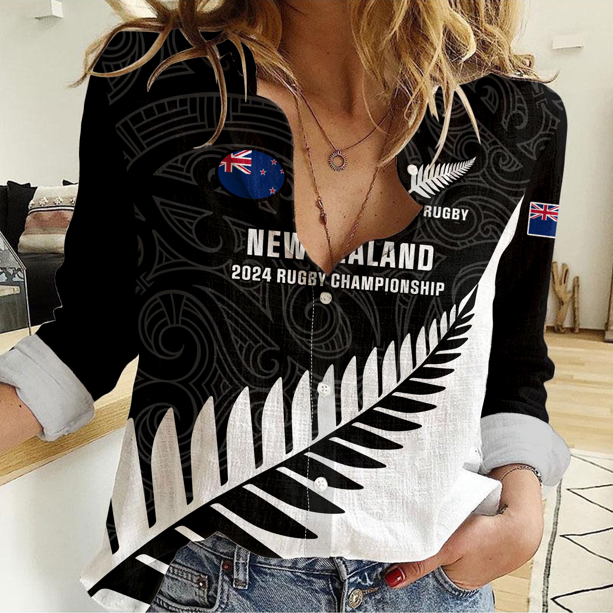 Personalised New Zealand Silver Fern Rugby Women Casual Shirt All Black 2023 Go Champions Maori Pattern LT14