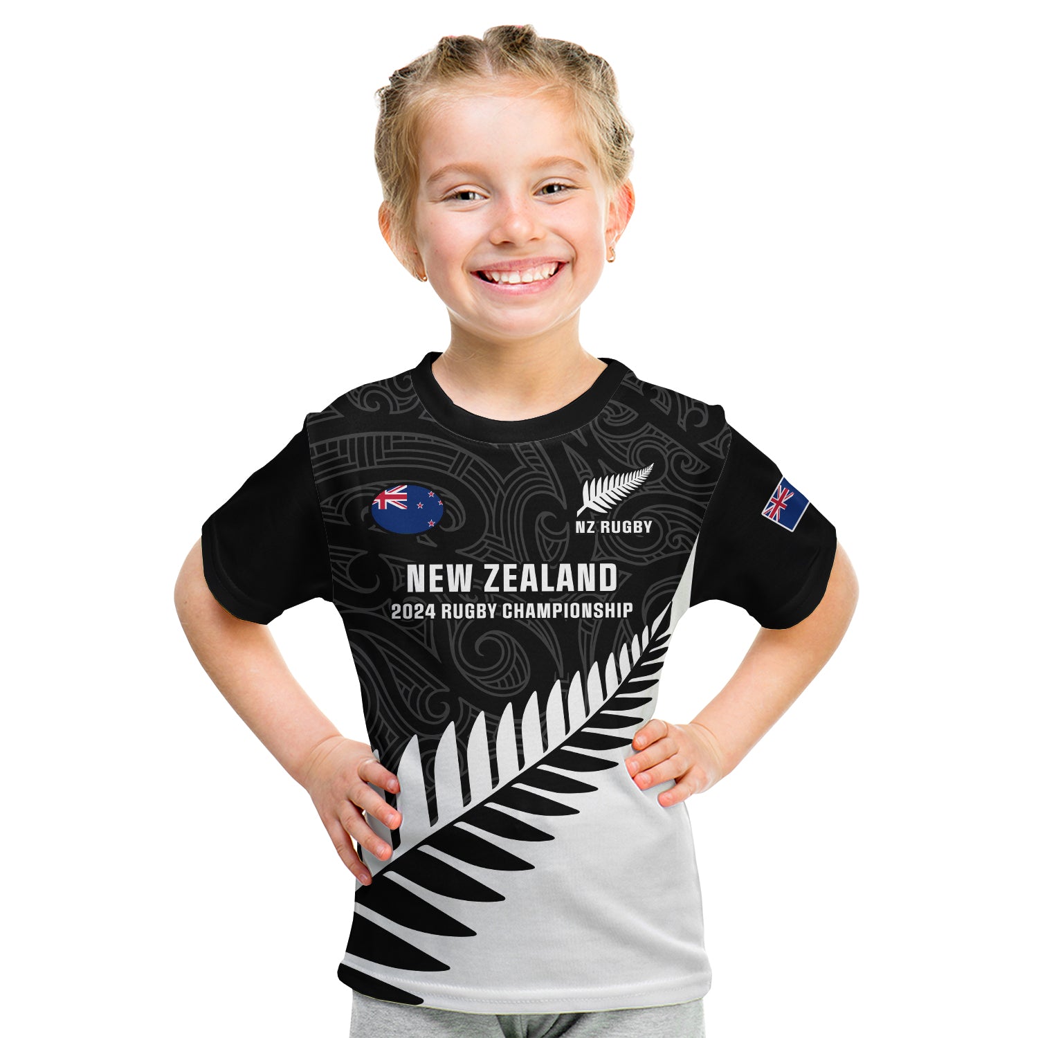 Personalised New Zealand Silver Fern Rugby Kid T Shirt All Black 2023 Go Champions Maori Pattern LT14