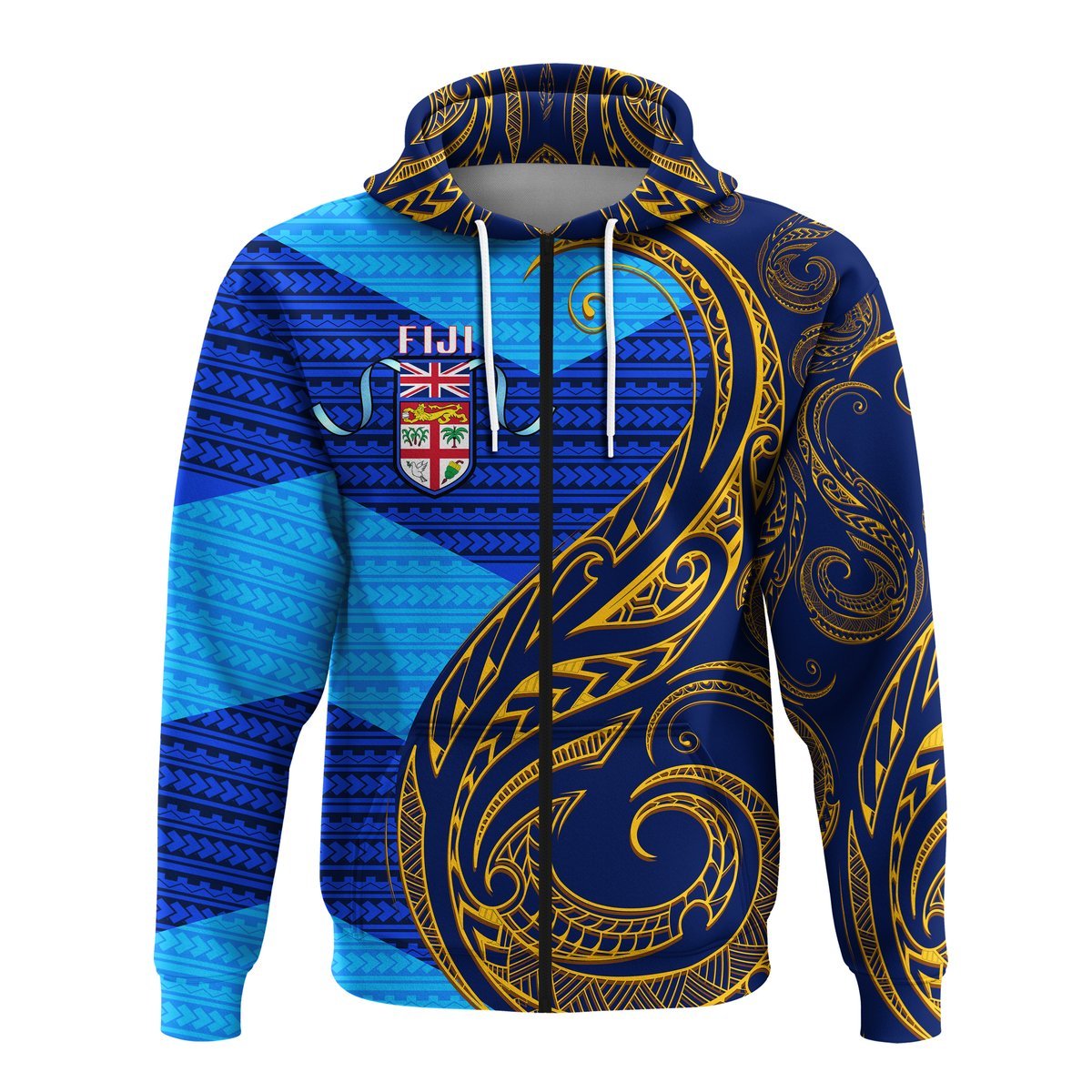 Fiji Zip up Hoodie Flags Color With Gold Polynesian Pattern LT20 - Polynesian Pride