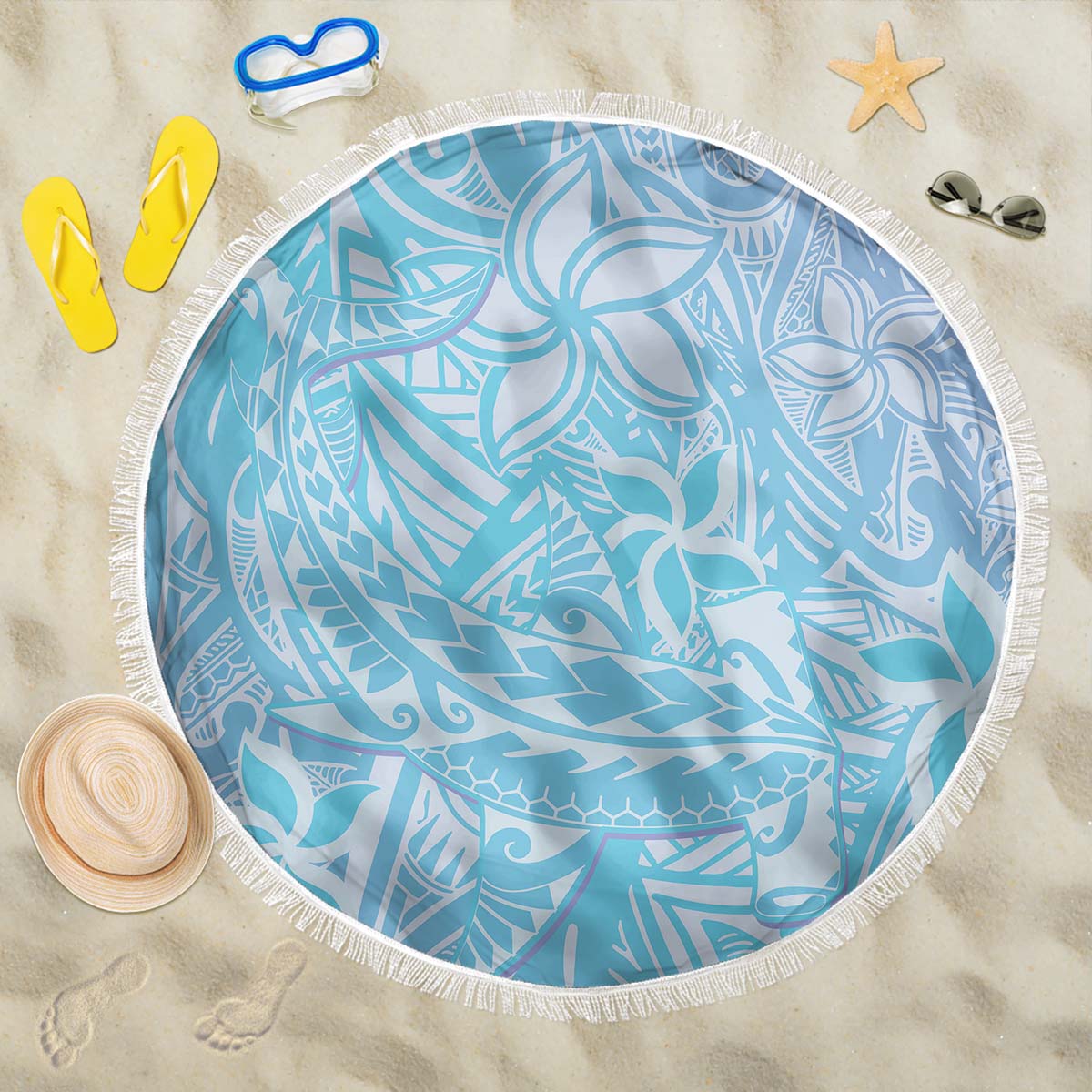 Baby Blue Gradient Polynesia Beach Blanket Hawaiian Tribal Hammerhead Shark Tattoo LT14 One Size 150cm Baby Blue - Polynesian Pride