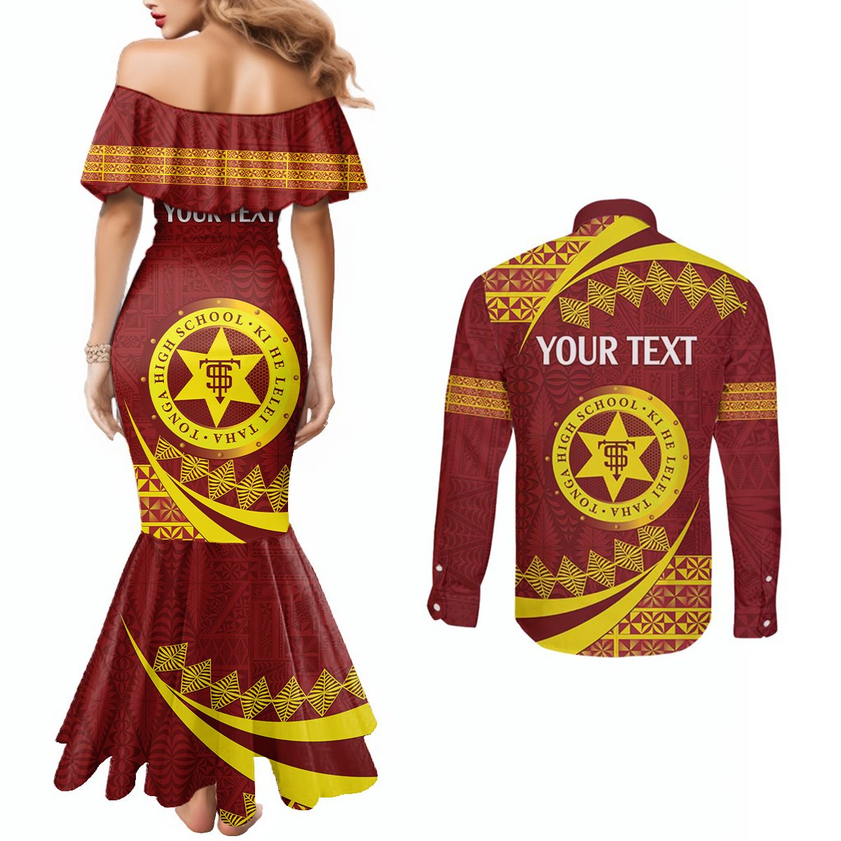 Personalised Tonga High School Couples Matching Mermaid Dress and Long Sleeve Button Shirt Happy 77 Years Anniversary LT14 - Polynesian Pride