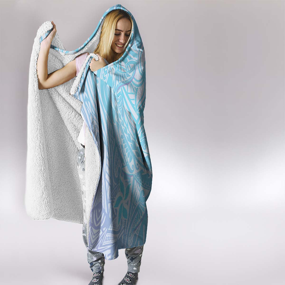 Baby Blue Gradient Polynesia Hooded Blanket Hawaiian Tribal Hammerhead Shark Tattoo LT14 - Polynesian Pride