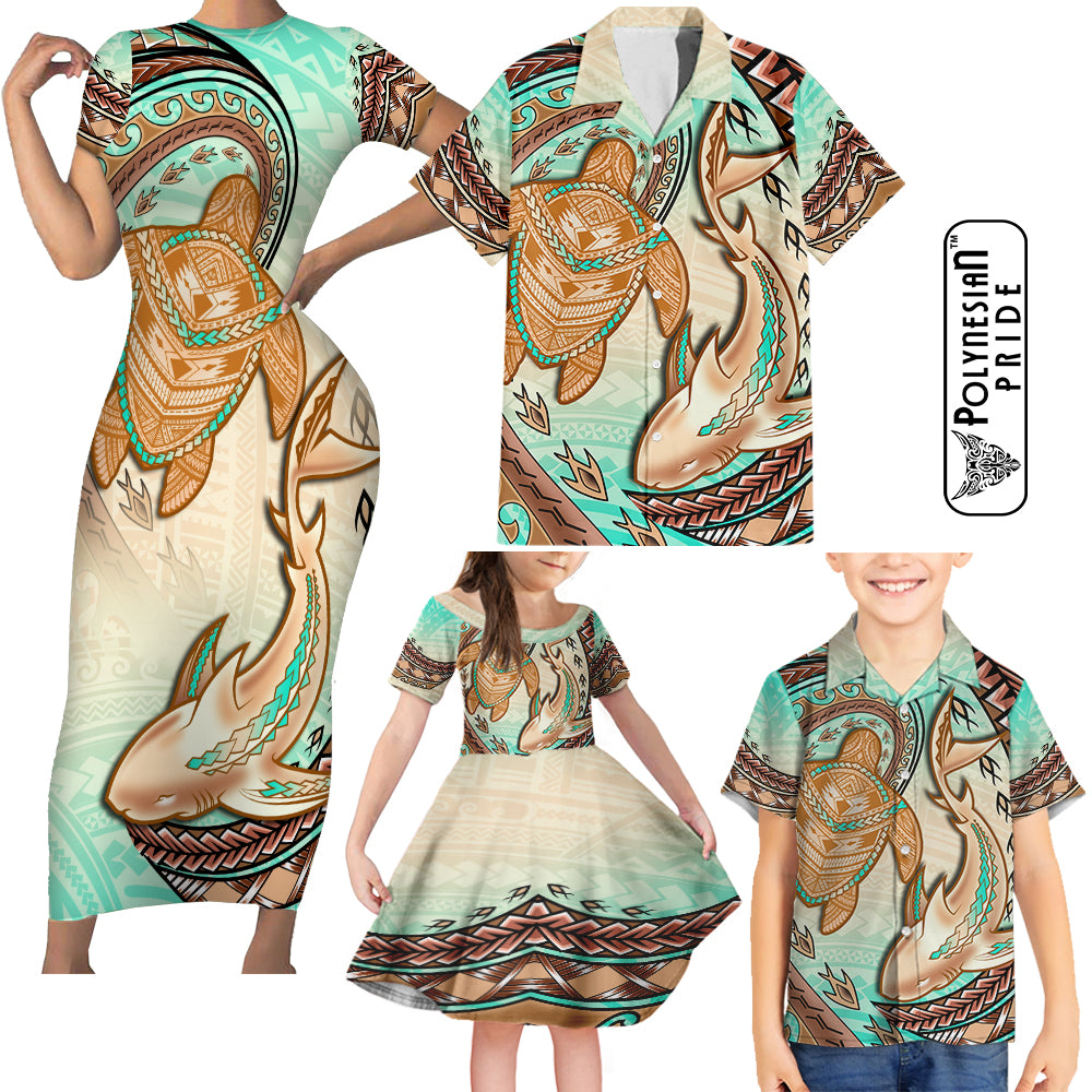 Hawaii Family Matching Outfits Short Sleeve Bodycon Dress And Hawaiian Shirt Polynesian Shark Sea Turtle Dreamy LT14 - Polynesian Pride