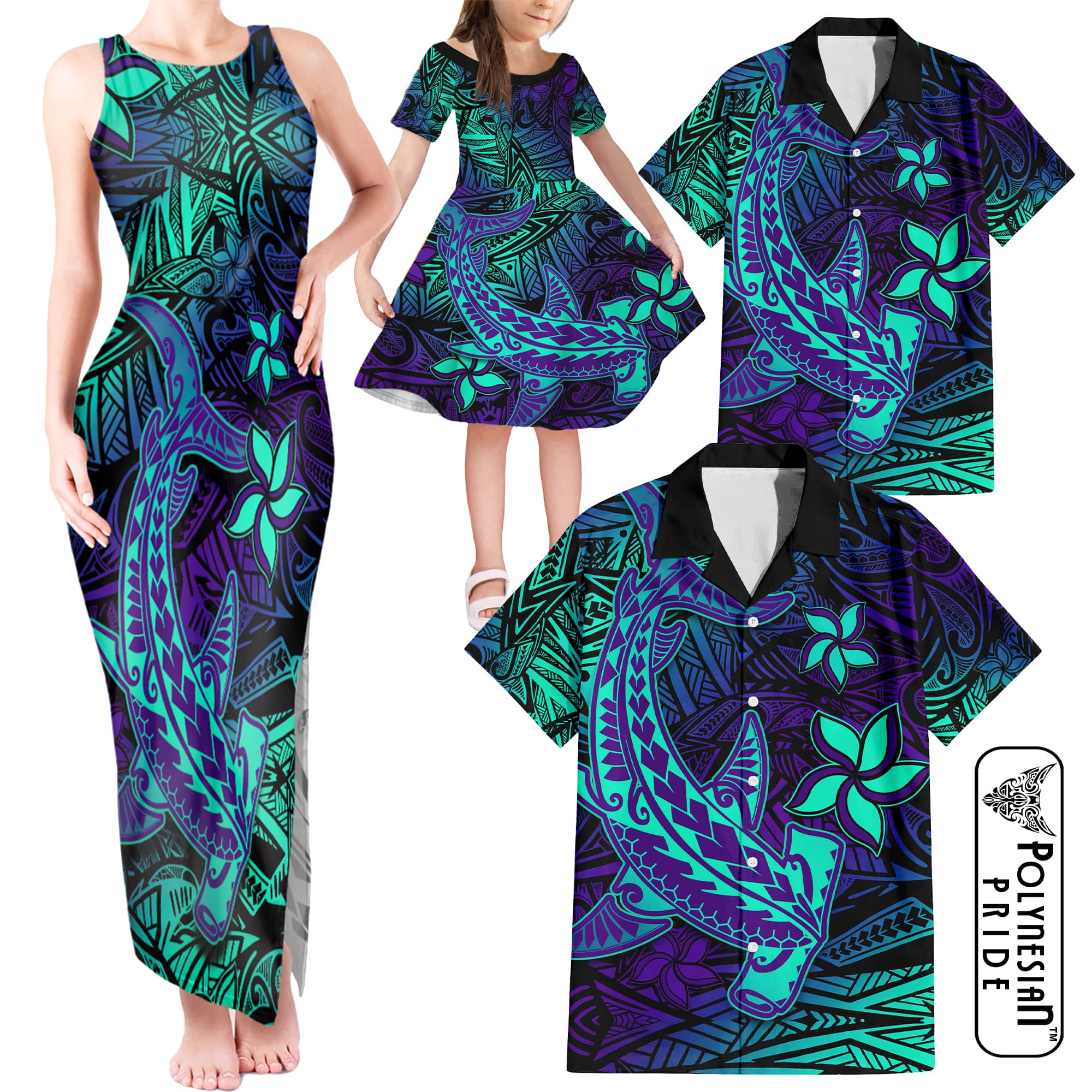 Purple Polynesian Family Matching Tank Maxi Dress and Hawaiian Shirt Tribal Hammerhead Shark LT14 - Polynesian Pride