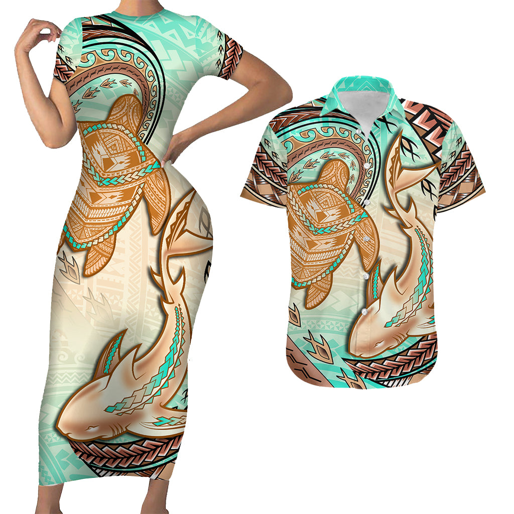 Hawaii Couples Matching Short Sleeve Bodycon Dress And Hawaiian Shirt Polynesian Shark And Sea Turtle Dreamy Turquoise LT14 Turquoise - Polynesian Pride