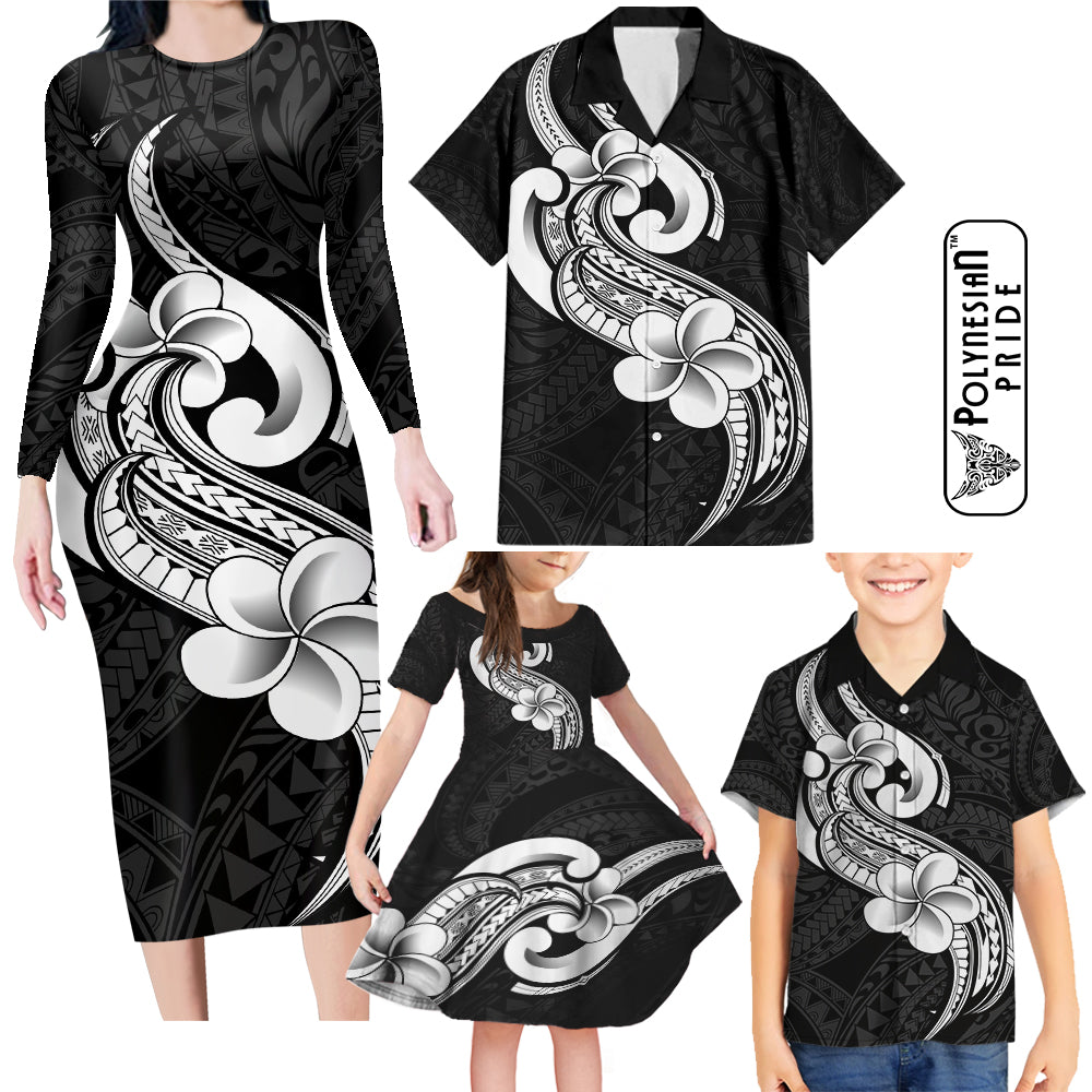 Polynesia Family Matching Outfits Long Sleeve Bodycon Dress And Hawaiian Shirt Plumeria With Tribal Pattern Black Vibes LT14 - Polynesian Pride