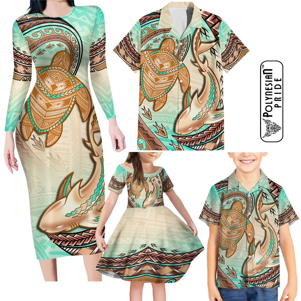 Hawaii Family Matching Outfits Long Sleeve Bodycon Dress Hawaiian Shirt Polynesian Shark Sea Turtle Dreamy LT14 - Polynesian Pride