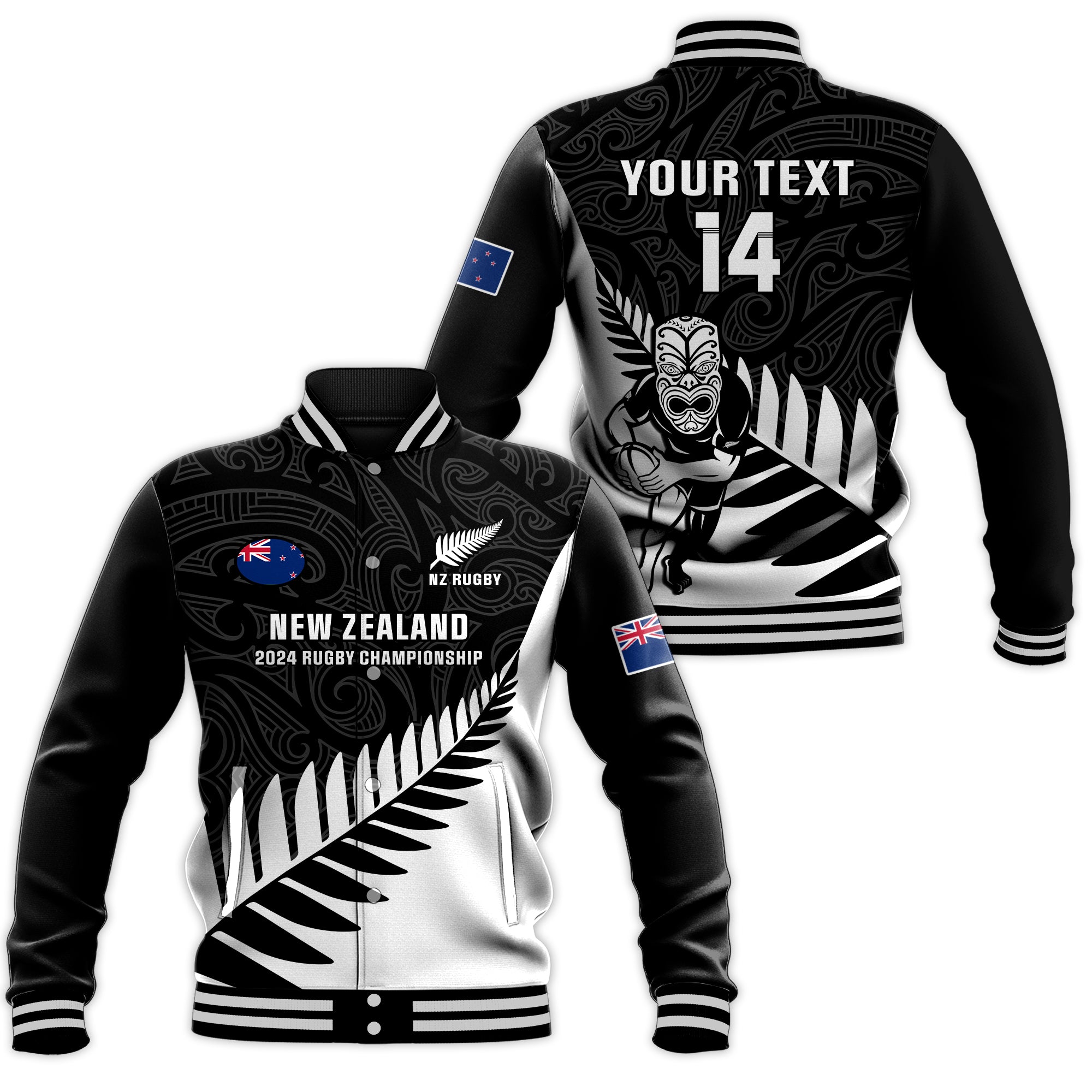 Personalised New Zealand Silver Fern Rugby Baseball Jacket All Black 2023 Go Champions Maori Pattern LT14