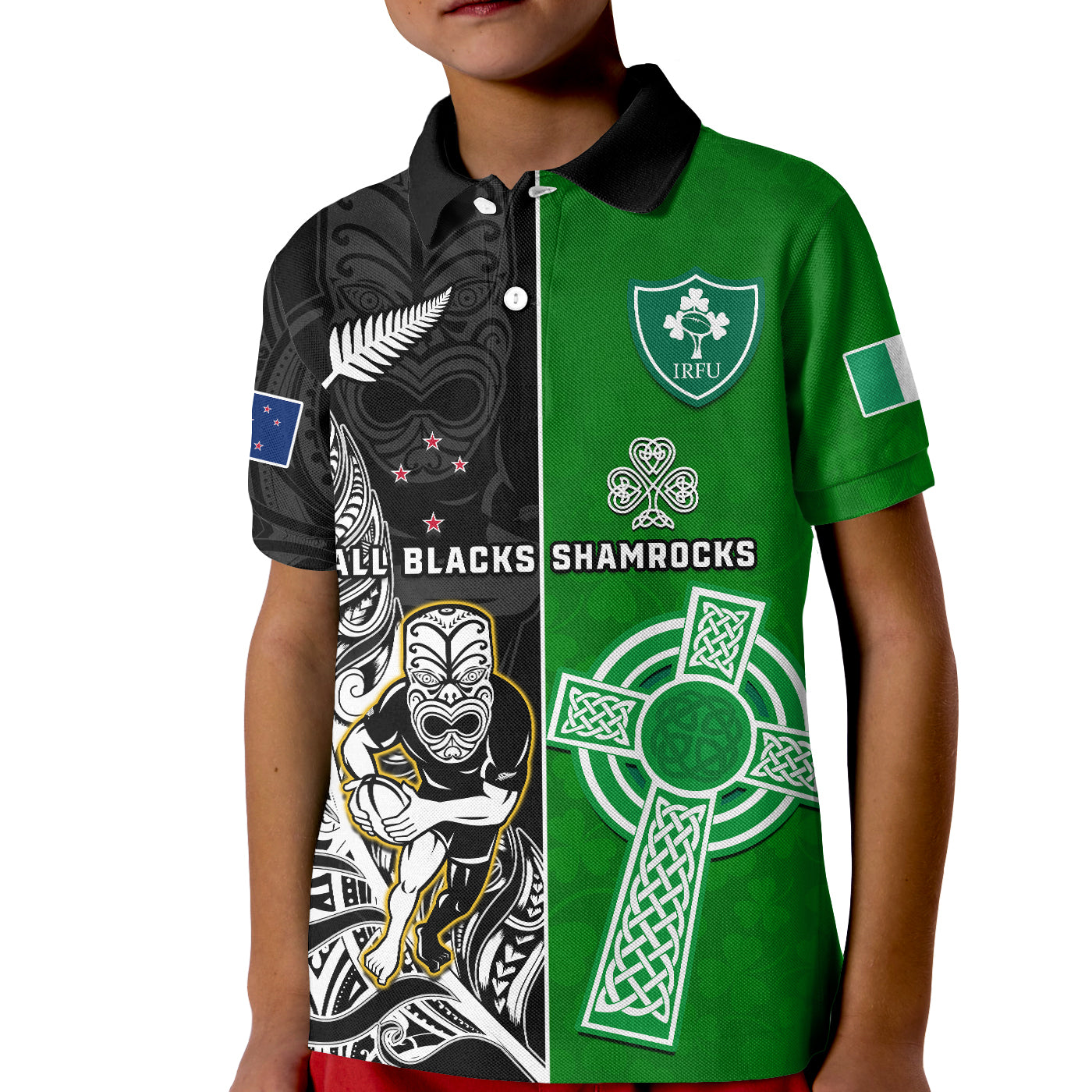 (Custom Personalised) New Zealand And Ireland Rugby Polo Shirt KID All Black Maori Mix Shamrocks LT14 Kid Black - Polynesian Pride