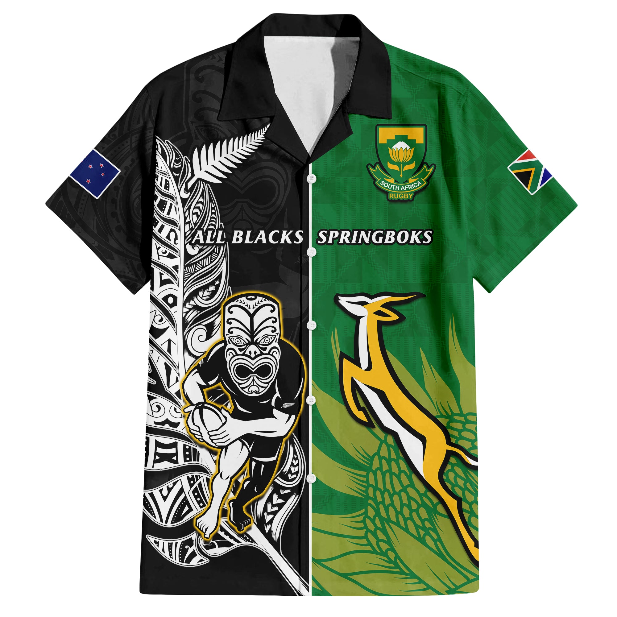 (Custom Personalised) New Zealand And South Africa Rugby Hawaiian Shirt All Black Maori Mix Springboks LT14 Black - Polynesian Pride