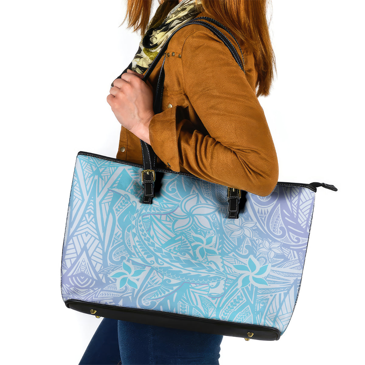 Baby Blue Gradient Polynesia Leather Tote Bag Hawaiian Tribal Hammerhead Shark Tattoo LT14