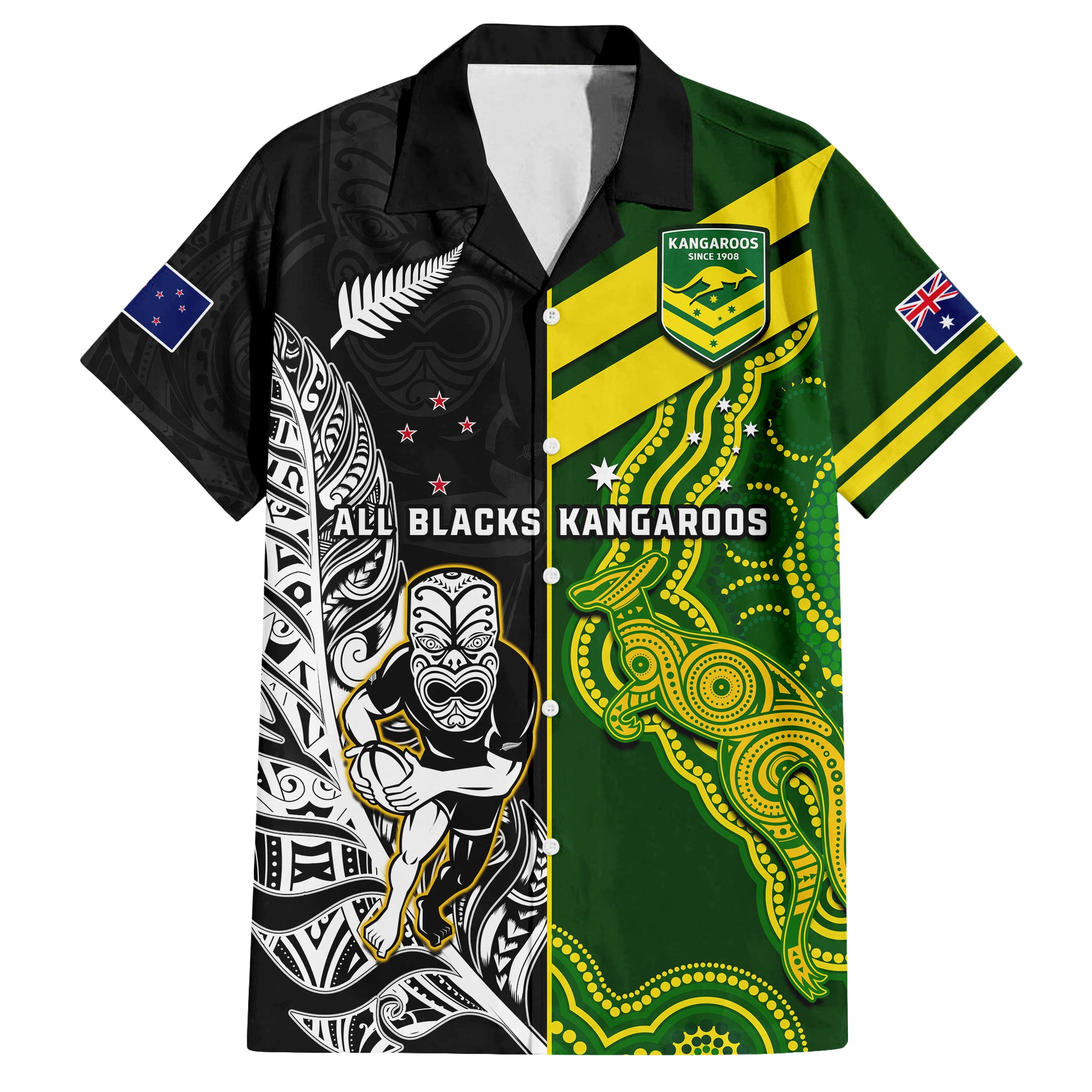 (Custom Personalised) Australia Kangaroos And All Black Rugby Hawaiian Shirt Aboriginal Mix NZ Maori Fern LT14 Black - Polynesian Pride