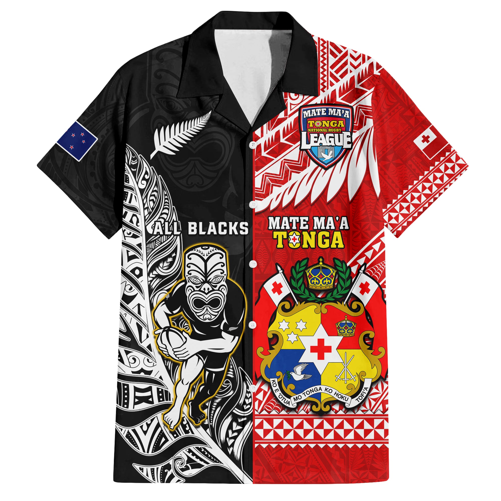 (Custom Personalised) Mate Maa Tonga And All Black Rugby Hawaiian Shirt Polynesian Mix NZ Maori Fern LT14 Red - Polynesian Pride