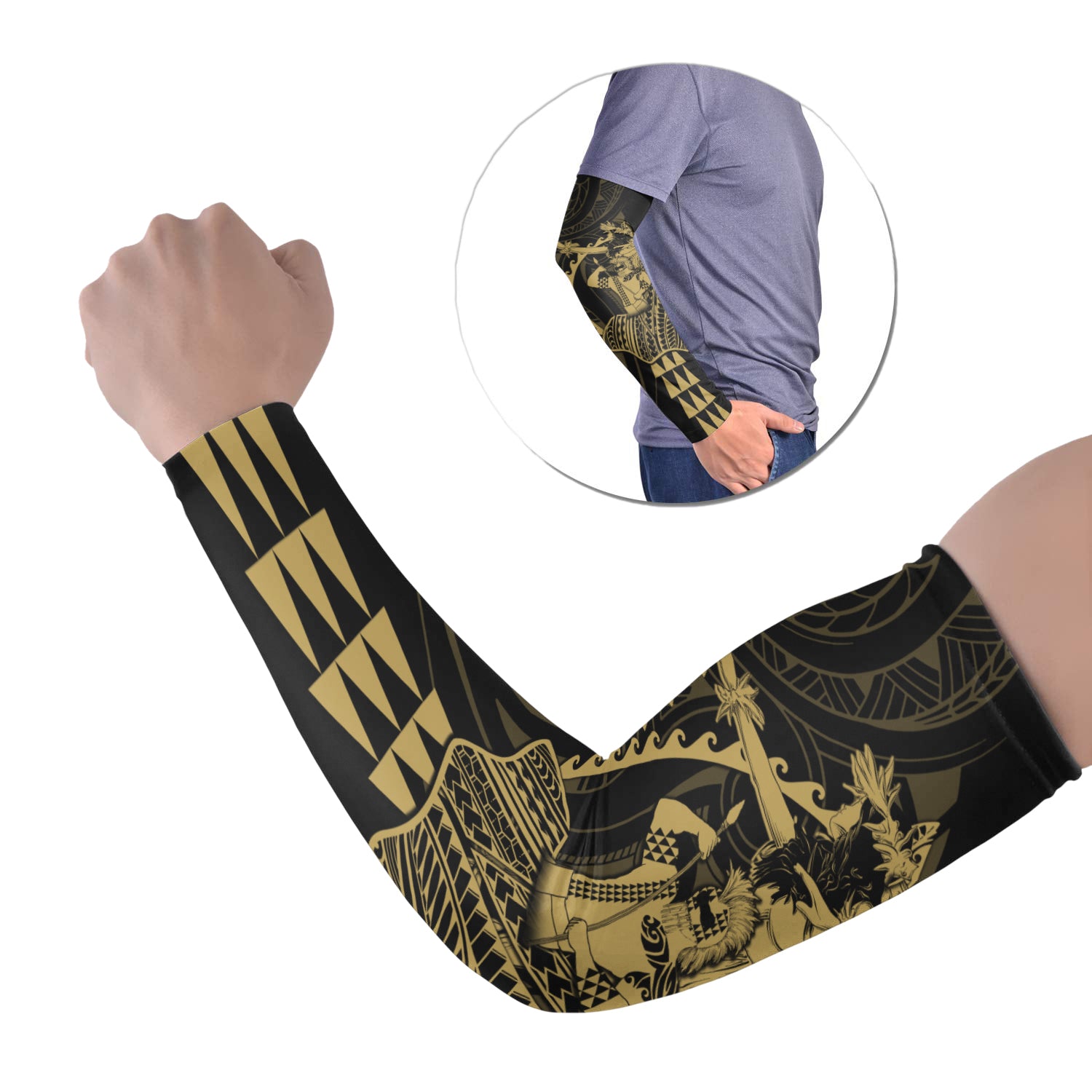 Polynesian Arm Sleeve 43 (Set of Two) Hawaiian Warrior and Aloha Girl With Hammerhead Shark Tattoos Gold LT6 Set of 2 Gold - Polynesian Pride