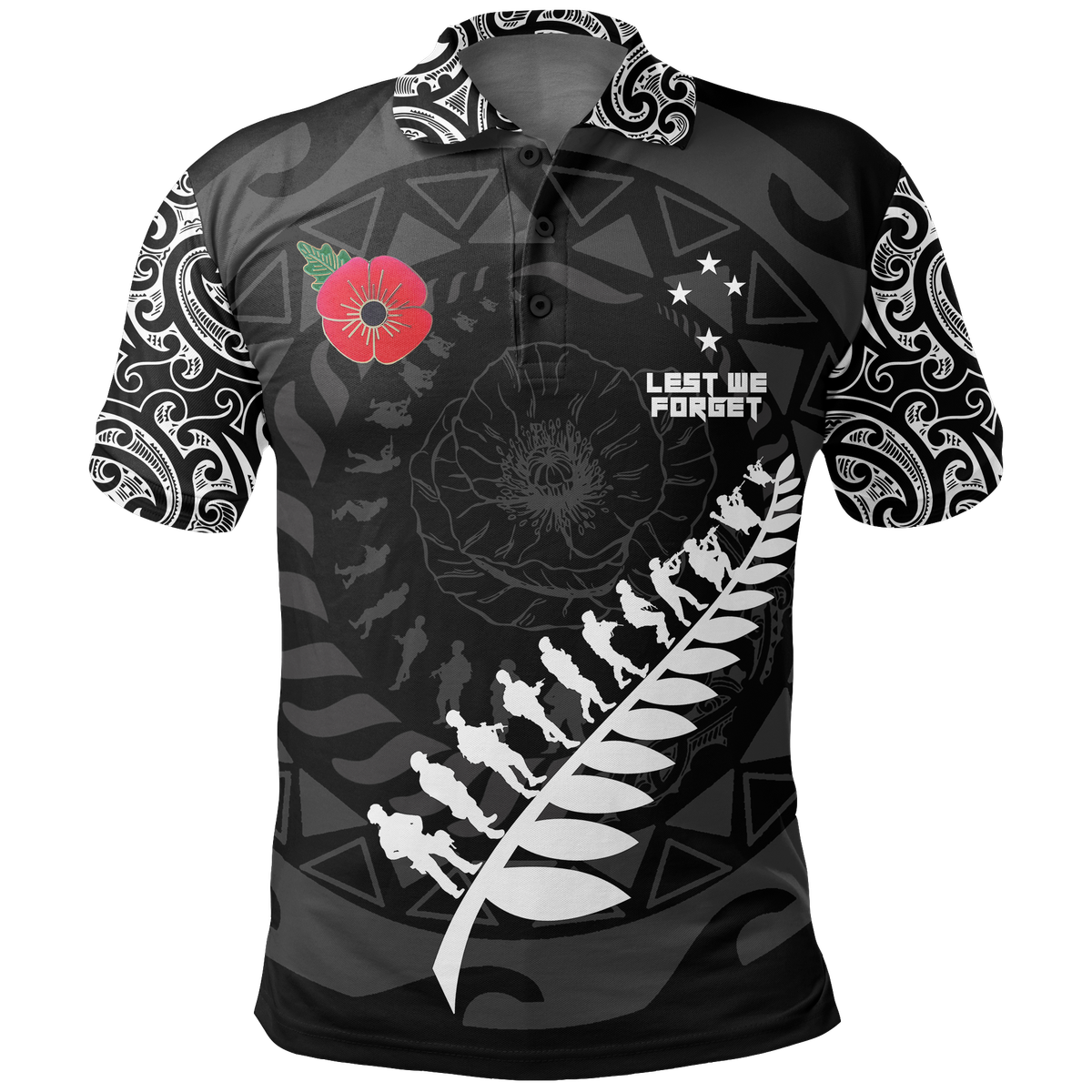 New Zealand ANZAC Spirit Polo Shirt - Lest We Forget - Maori Tattoo Black - Polynesian Pride