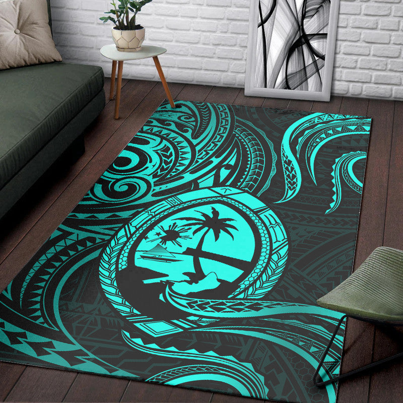 Polynesian Pride Guam With Polynesian Tribal Tattoo and Coat of Arms Area Rug Turquoise Version LT9 turquoise - Polynesian Pride