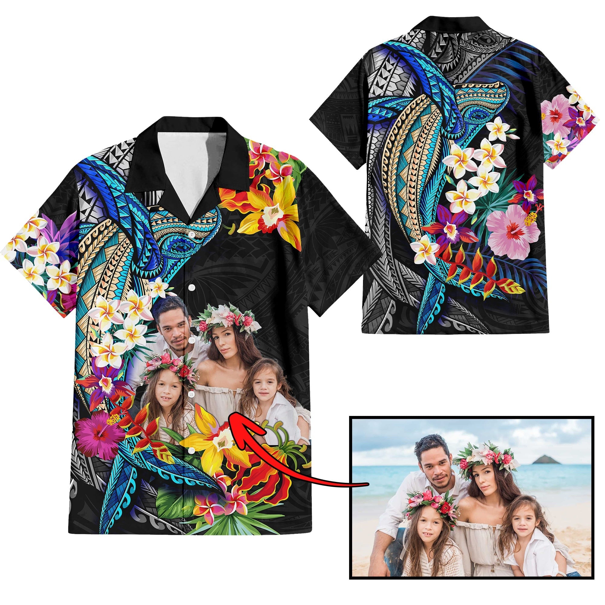 Custom Photo Polynesian Shark Tattoo Hawaiian Shirt Beauty Pacific Flowers CTM09 - Polynesian Pride