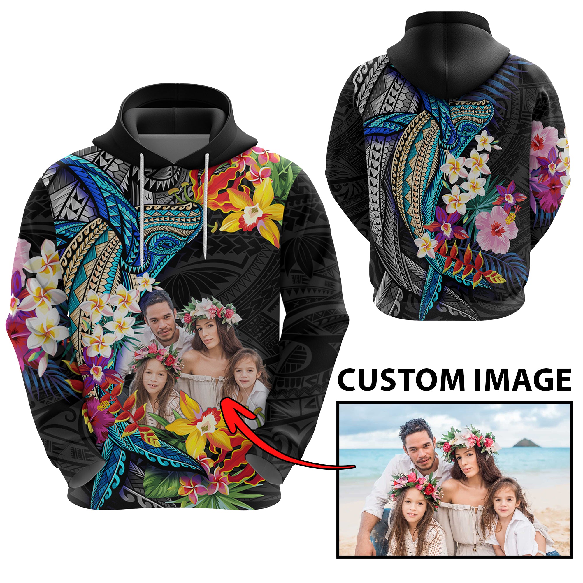 Custom Photo Polynesian Shark Tattoo Hoodie Beauty Pacific Flowers CTM09 - Polynesian Pride