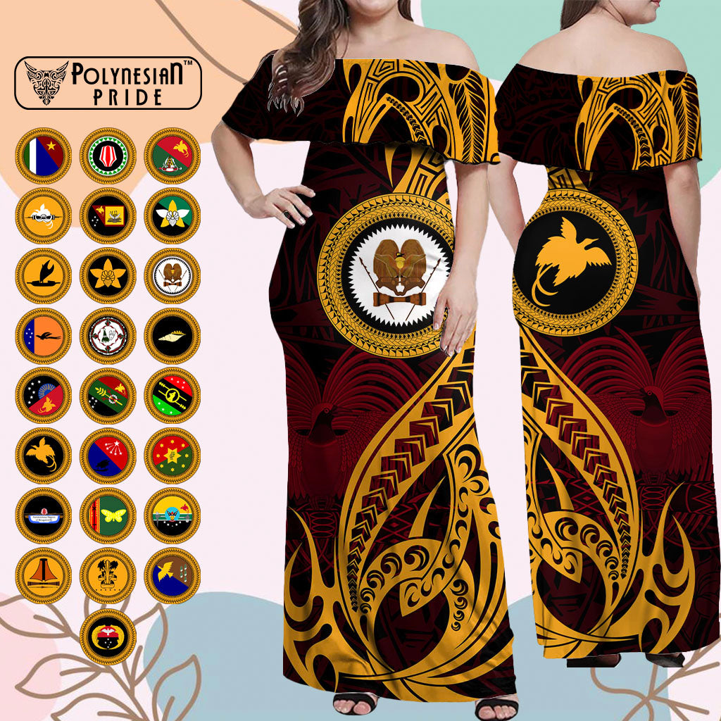 Custom Provinces of Papua New Guinea Off Shoulder Maxi Dress Bird of Paradise Polynesian Tribal CTM09 - Polynesian Pride