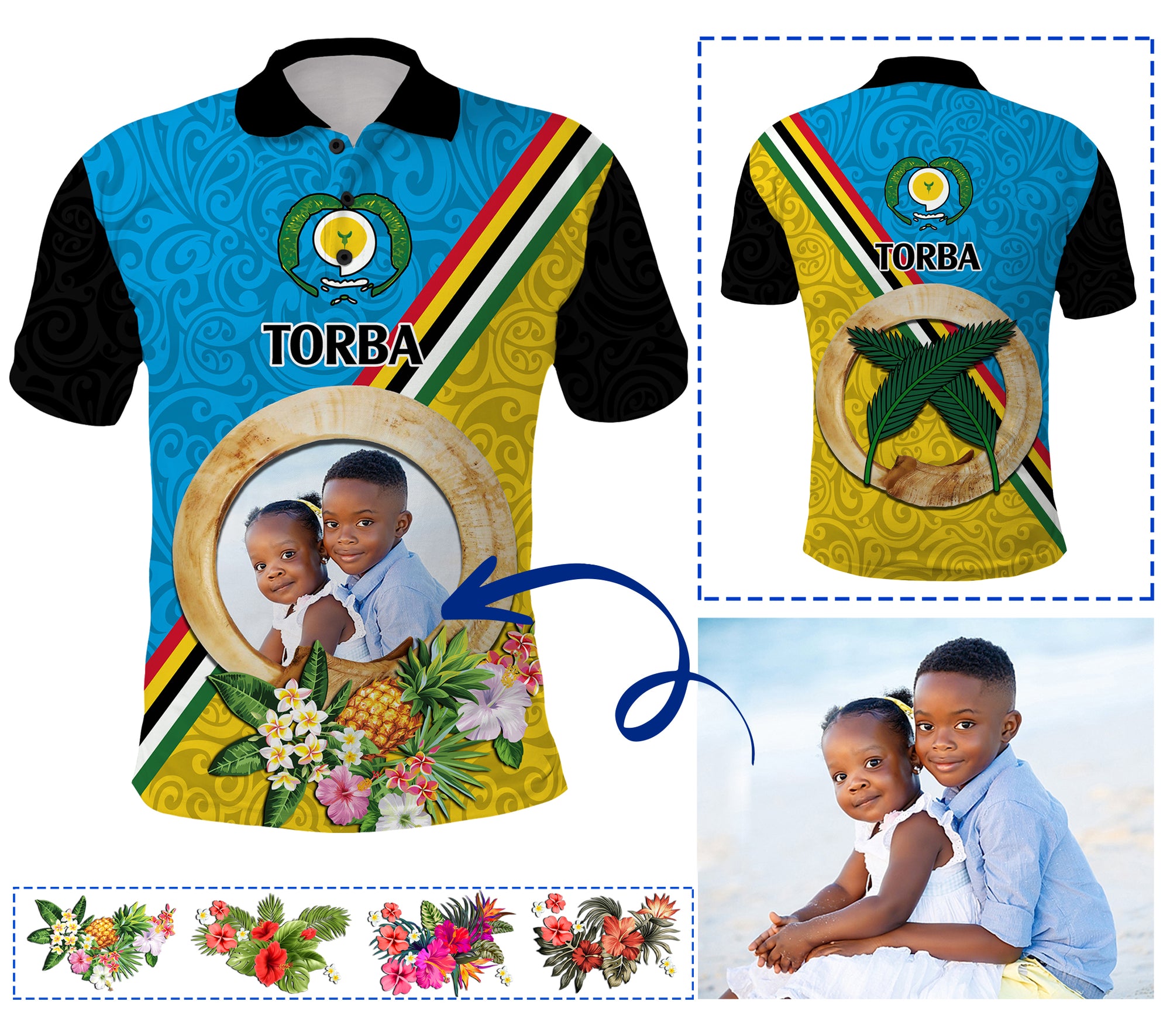 Torba Province Custom Polo Shirt With Photo Vanuatuan Boar's Tusk Flag Multicolored CTM09 - Polynesian Pride