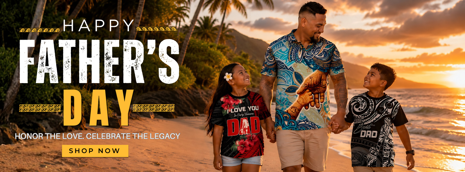 Father and two children on a beach with palm trees and sunset, celebrating Father's Day.