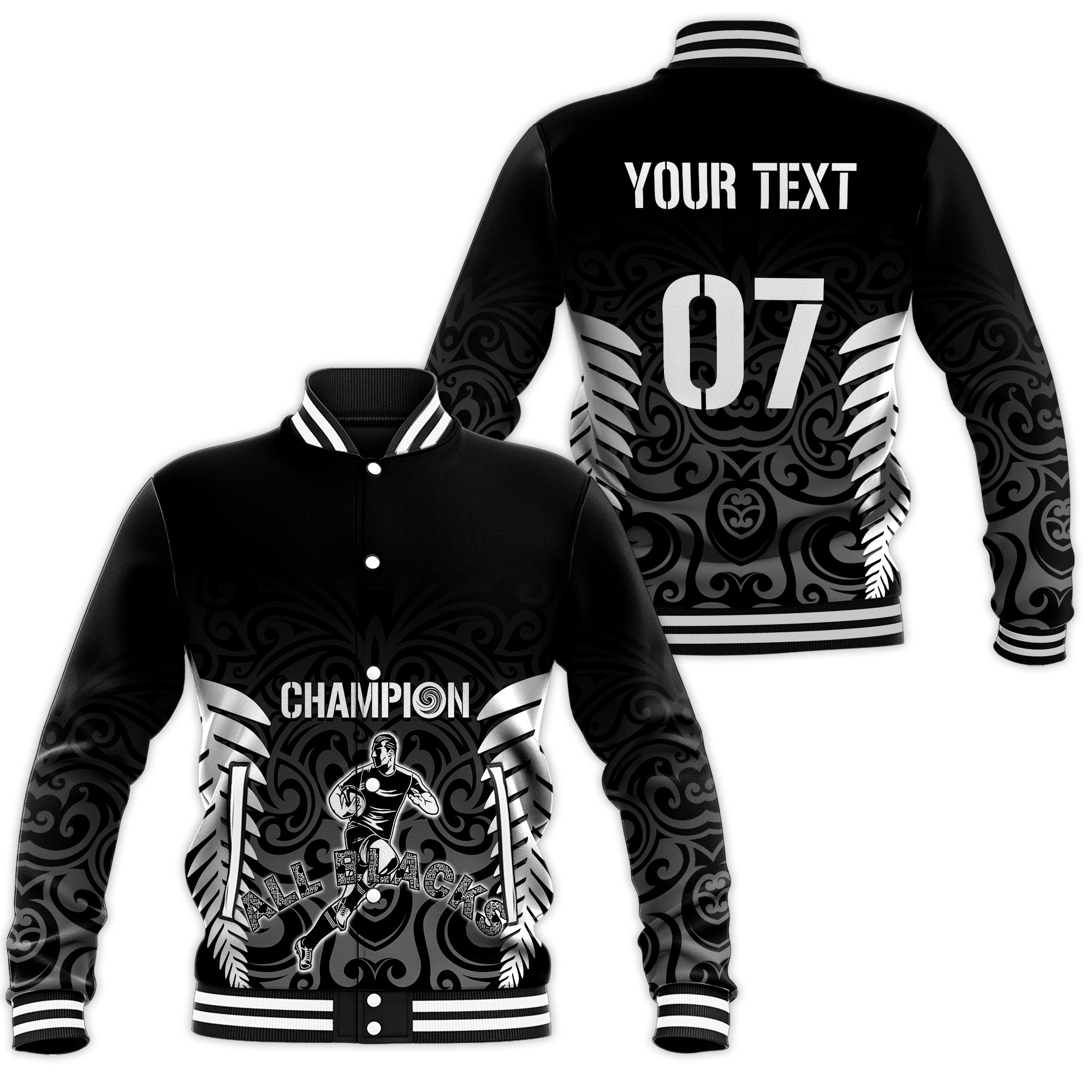 Personalised New Zealand Baseball Jacket All Black Champion LT7 Unisex Black - Polynesian Pride