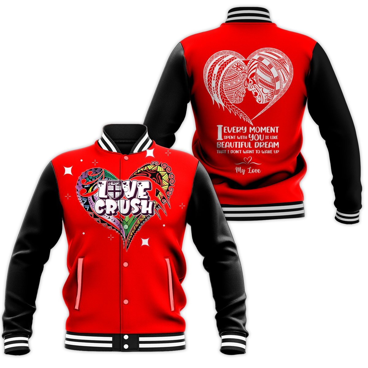 Fiji Valentine Couple Heart Baseball Jacket - LT2 Unisex RED - Polynesian Pride