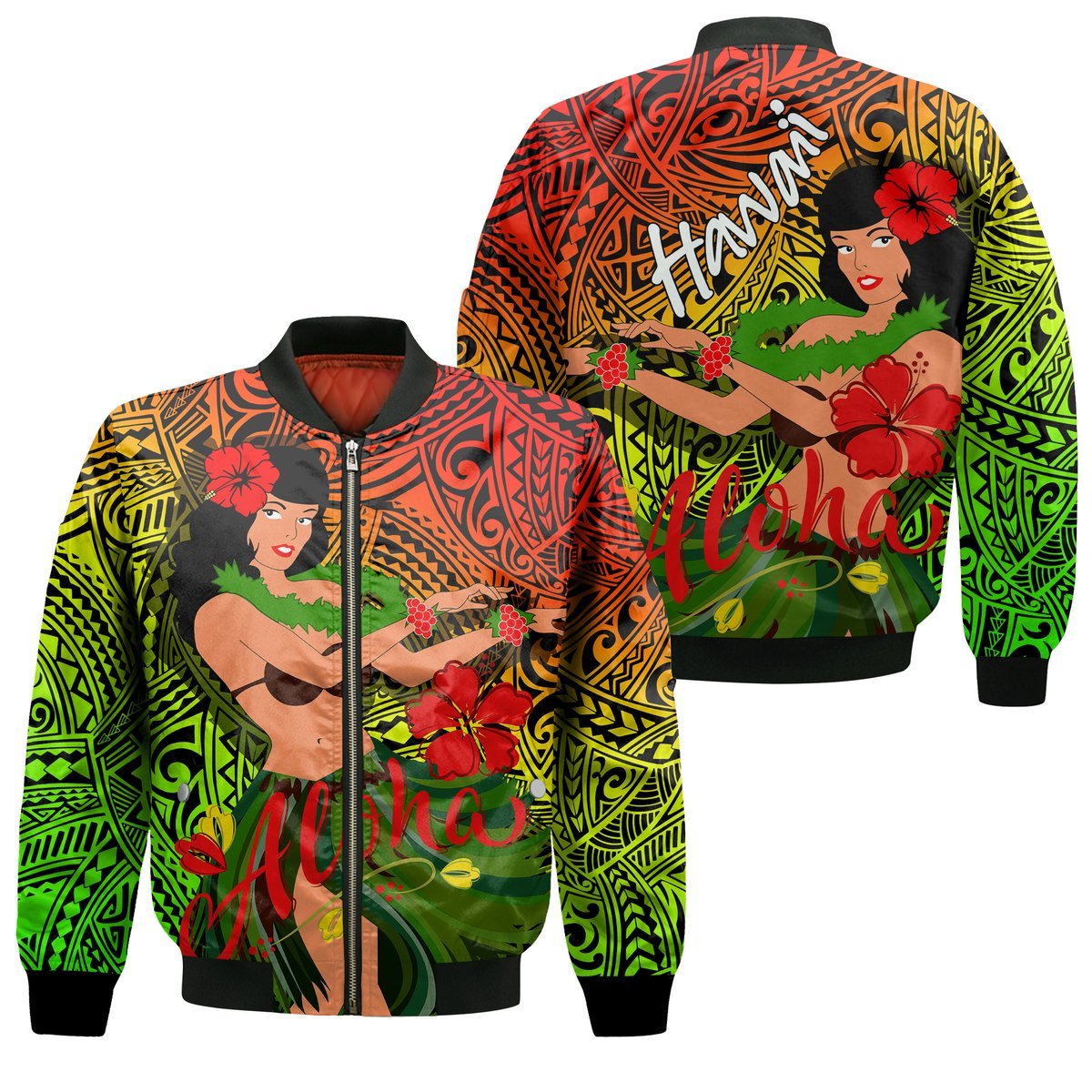 Hawaii Hula Girl Reggae Bomber Jacket - LT2 Unisex REGGAE - Polynesian Pride