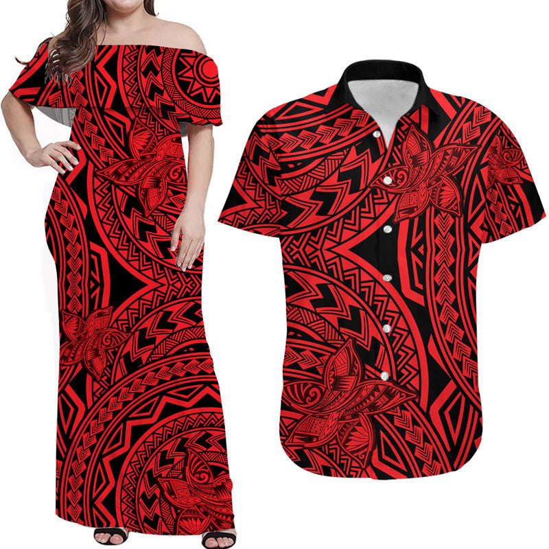 Polynesian Matching Dress and Hawaiian Shirt Tattoo Plumeria Red LT14 Red - Polynesian Pride