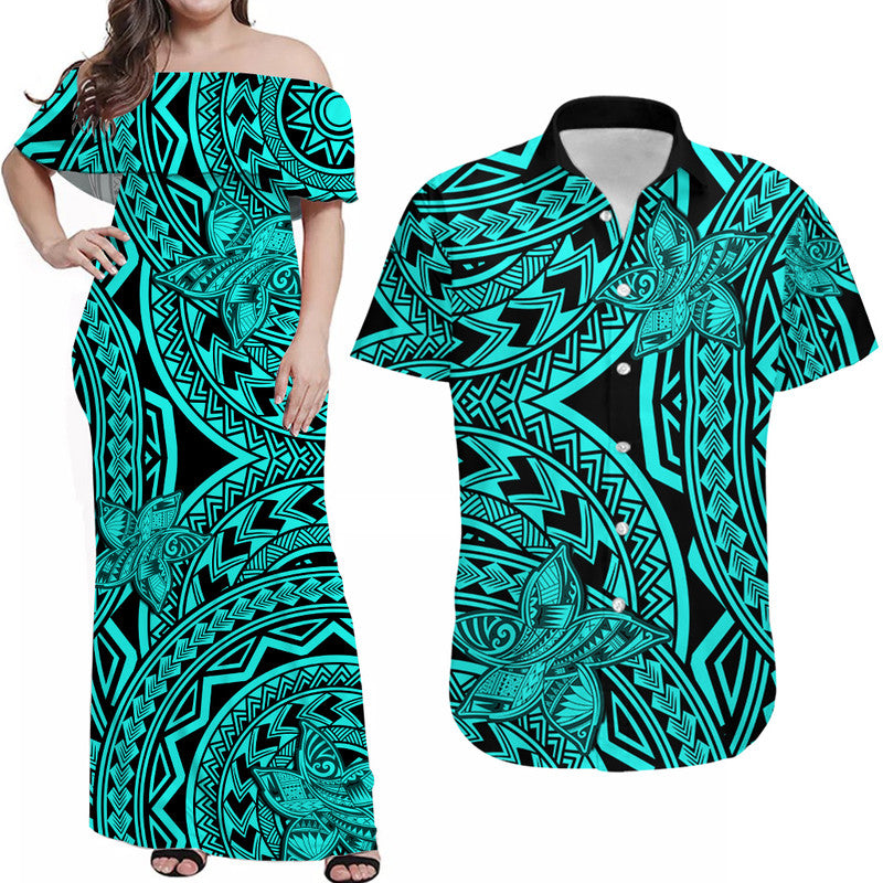 Polynesian Matching Dress and Hawaiian Shirt Tattoo Plumeria Turquoise LT14 Turquoise - Polynesian Pride