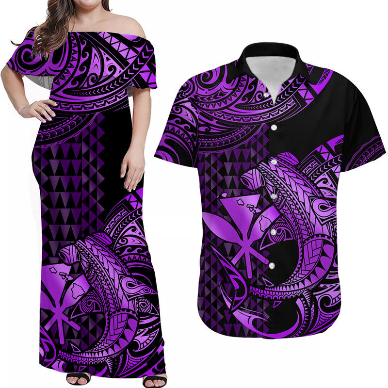 Polynesian Matching Dress and Hawaiian Shirt Hawaii Kakau Kanaka with Tribal Hammerhead Shark Purple LT14 Purple - Polynesian Pride