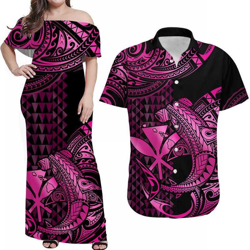 Polynesian Matching Dress and Hawaiian Shirt Hawaii Kakau Kanaka with Tribal Hammerhead Shark Pink LT14 Pink - Polynesian Pride