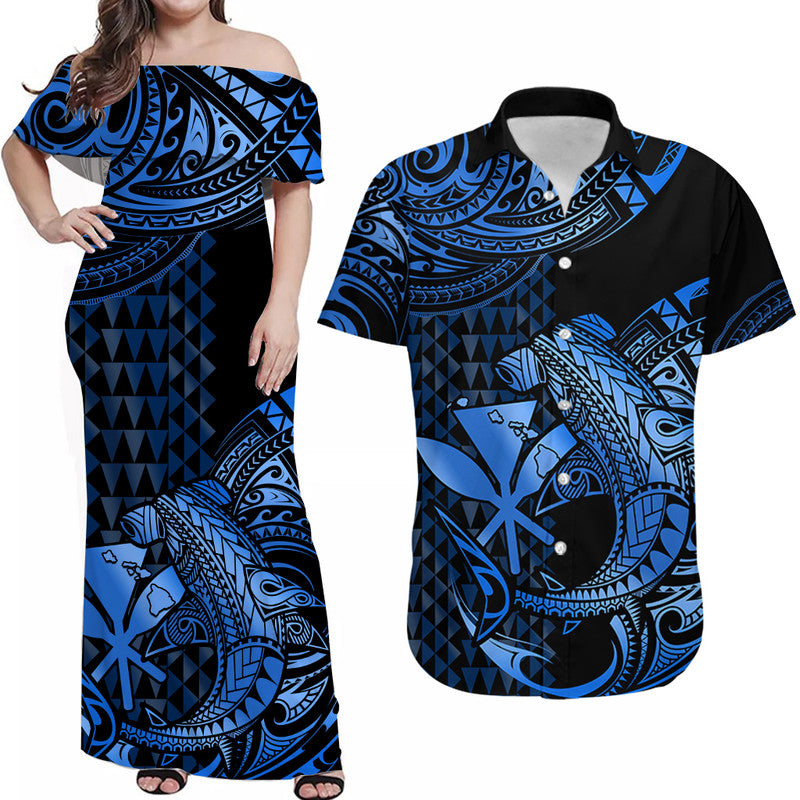 Polynesian Matching Dress and Hawaiian Shirt Hawaii Kakau Kanaka with Tribal Hammerhead Shark Blue LT14 Blue - Polynesian Pride