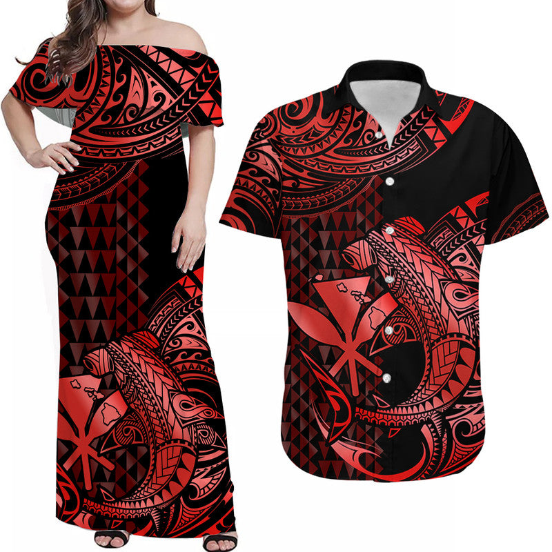 Polynesian Matching Dress and Hawaiian Shirt Hawaii Kakau Kanaka with Tribal Hammerhead Shark Red LT14 Red - Polynesian Pride