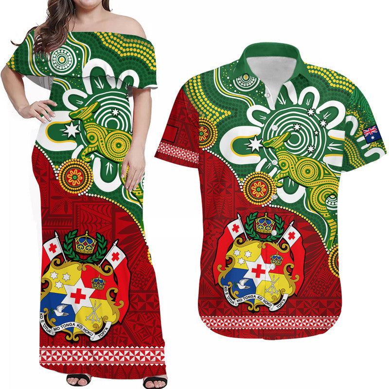 Personalised Australia Tonga Matching Dress and Hawaiian Shirt Aboriginal Mix Tongan Ngatu Unique LT14 Green - Polynesian Pride