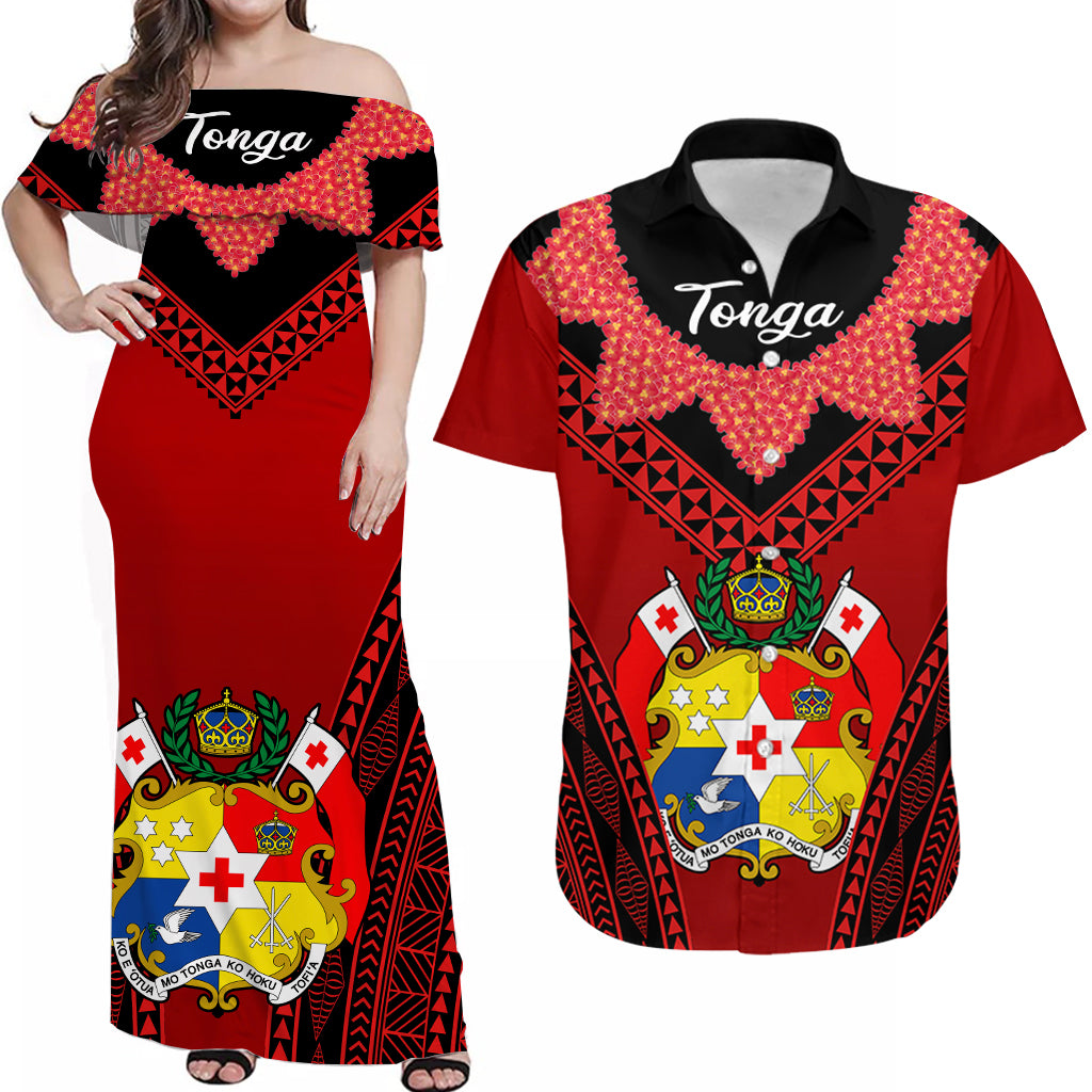 Personalised Tonga Heilala Flowers Matching Dress and Hawaiian Shirt Tongan Ngatu Black LT14 Red - Polynesian Pride