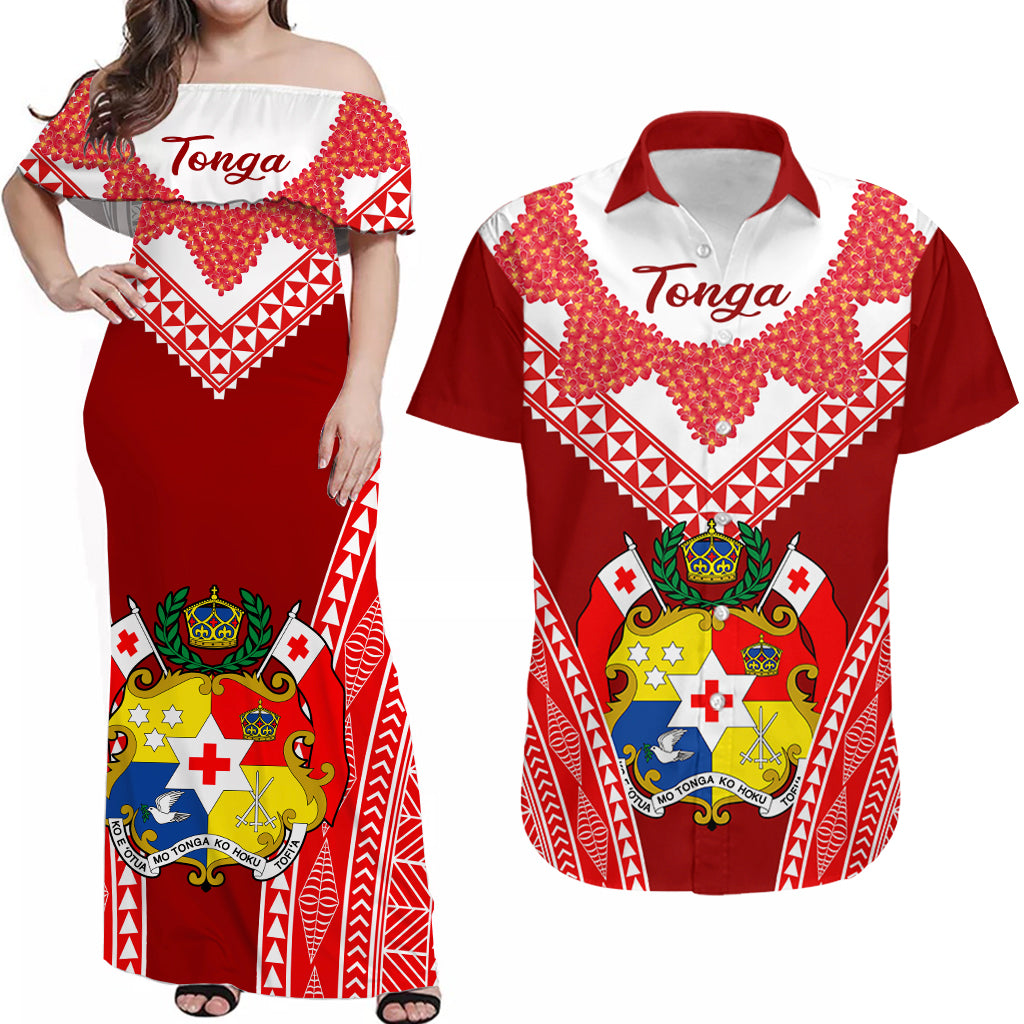 Personalised Tonga Heilala Flowers Matching Dress and Hawaiian Shirt Tongan Ngatu White LT14 Red - Polynesian Pride