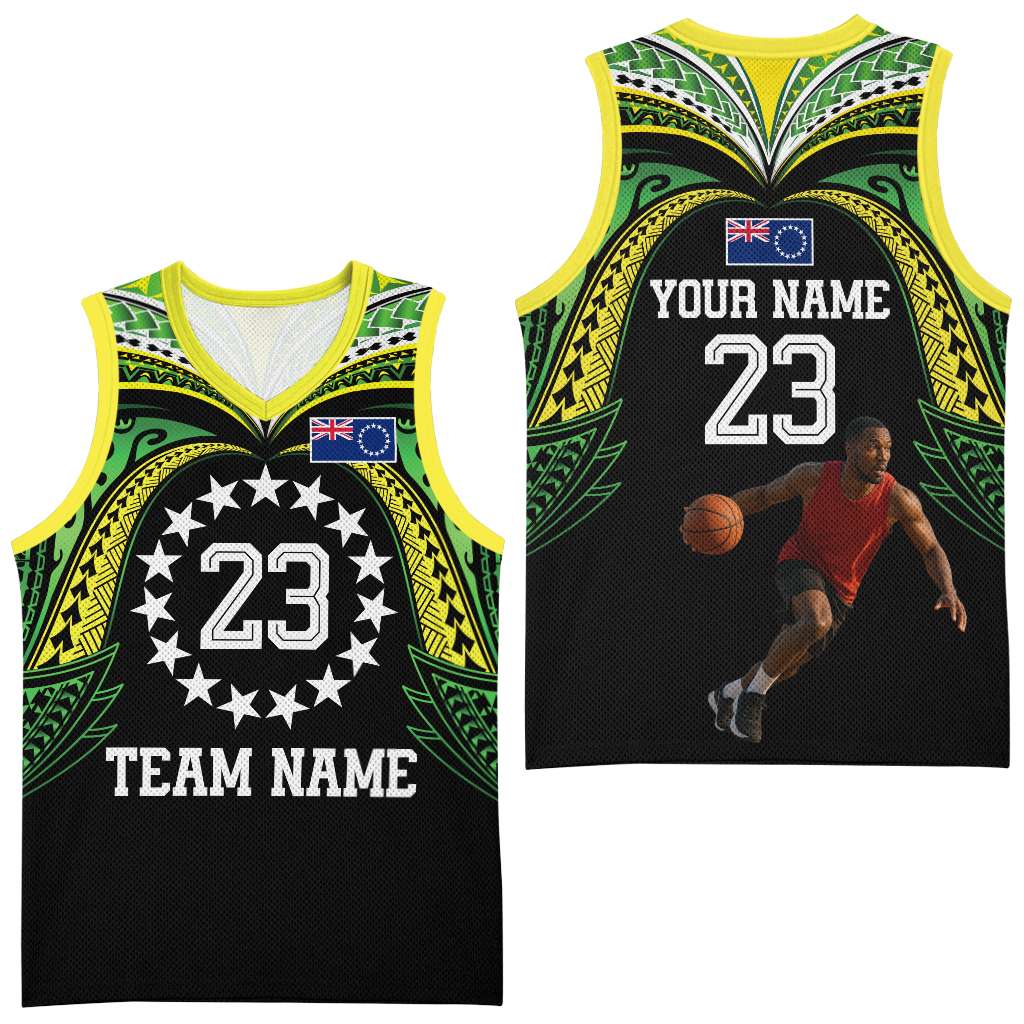Custom Photo Cook Islands Basketball Jersey Tatau Tribal Motifs Black Color