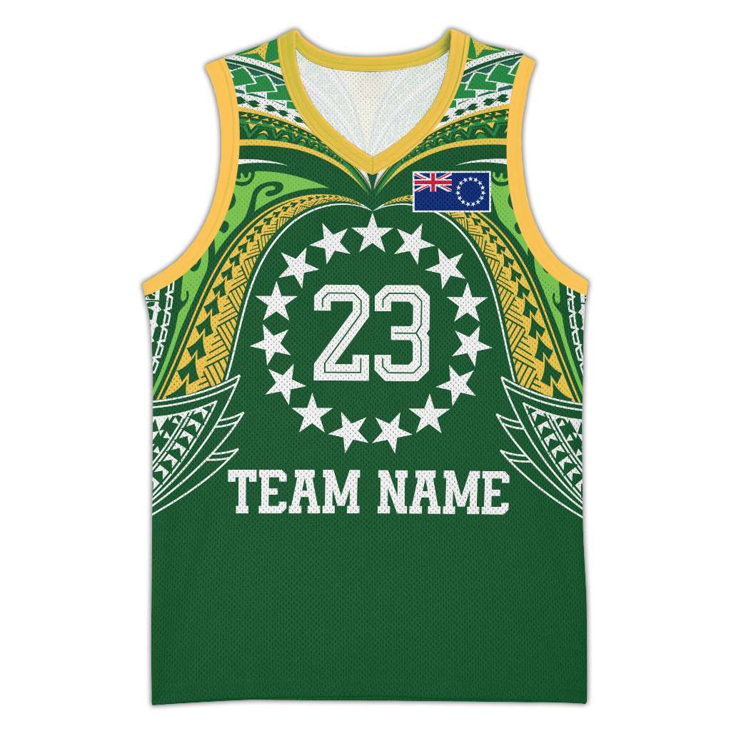 Custom Photo Cook Islands Basketball Jersey Tatau Tribal Motifs Green Color