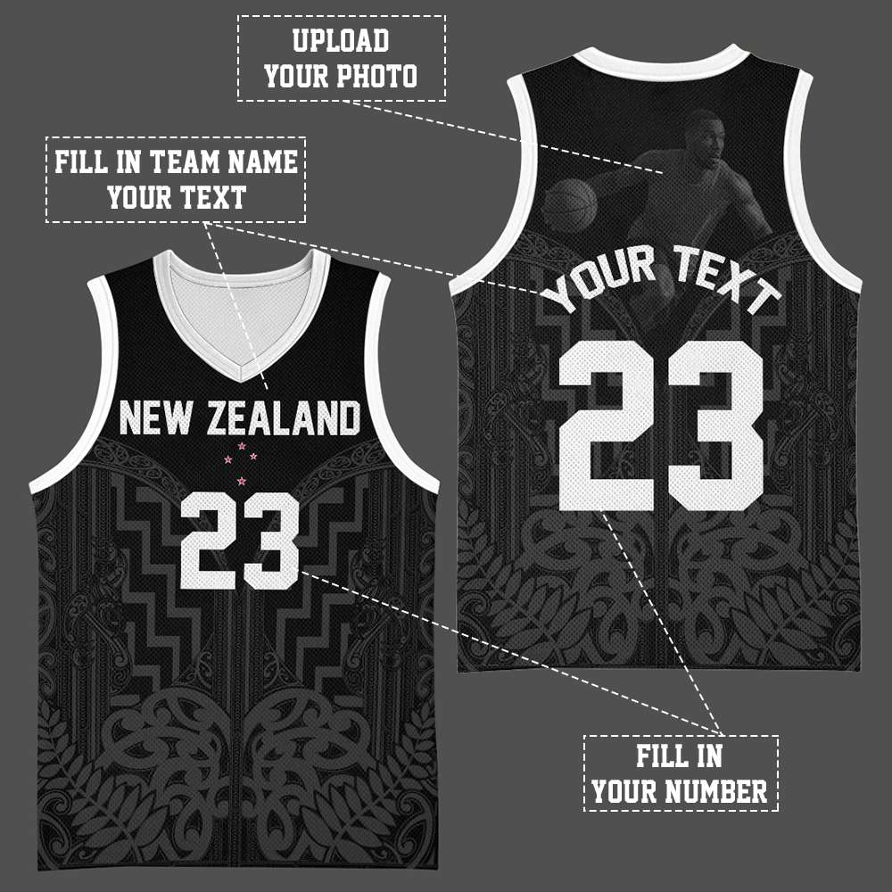 Custom Photo New Zealand Basketball Jersey Maori Moko Tribal Motifs