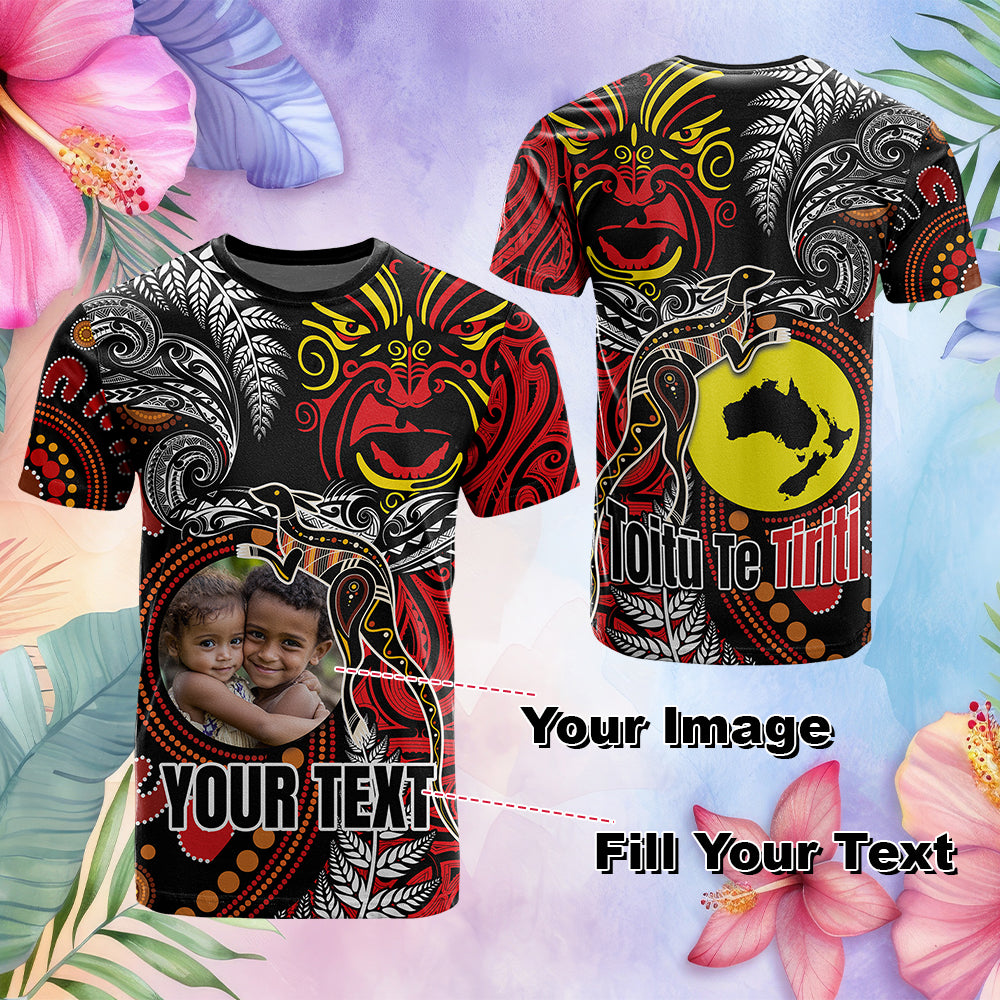 Custom Photo Aotearoa And Australia Toitu Te Tiriti T Shirt Honour The Treaty Stand Together Stand Stronger
