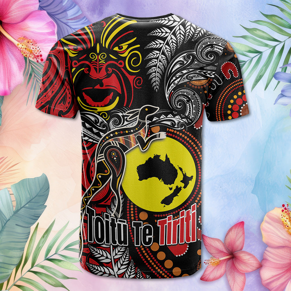 Custom Photo Aotearoa And Australia Toitu Te Tiriti T Shirt Honour The Treaty Stand Together Stand Stronger