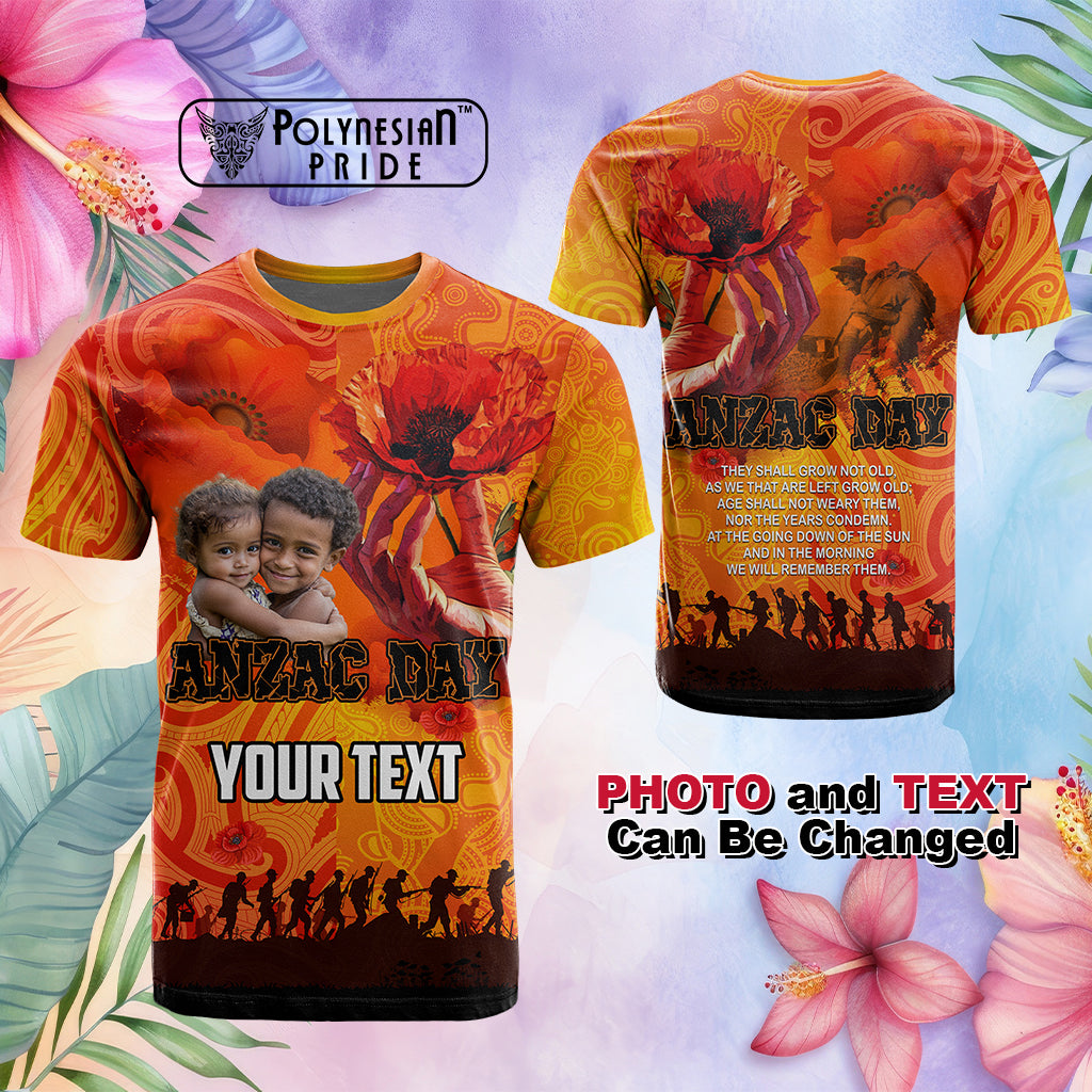 Custom Photo Australia and New Zealand ANZAC Day T Shirt Soldiers Memories - Red Poppies with Aboriginal and Maori Art