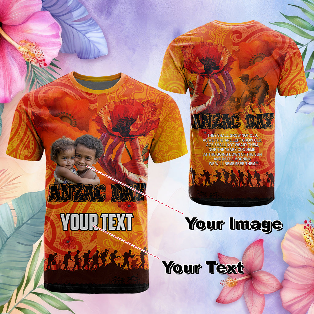 Custom Photo Australia and New Zealand ANZAC Day T Shirt Soldiers Memories - Red Poppies with Aboriginal and Maori Art