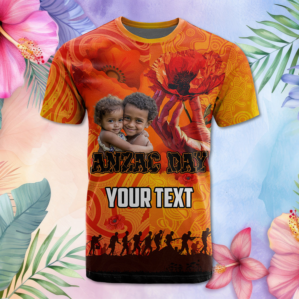 Custom Photo Australia and New Zealand ANZAC Day T Shirt Soldiers Memories - Red Poppies with Aboriginal and Maori Art