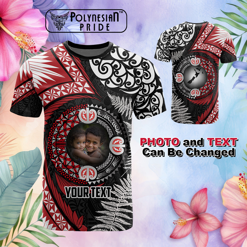 Custom Photo Tonga and New Zealand Together T Shirt Ngatu Art Tribal Maori Tattoo and Silver Fern