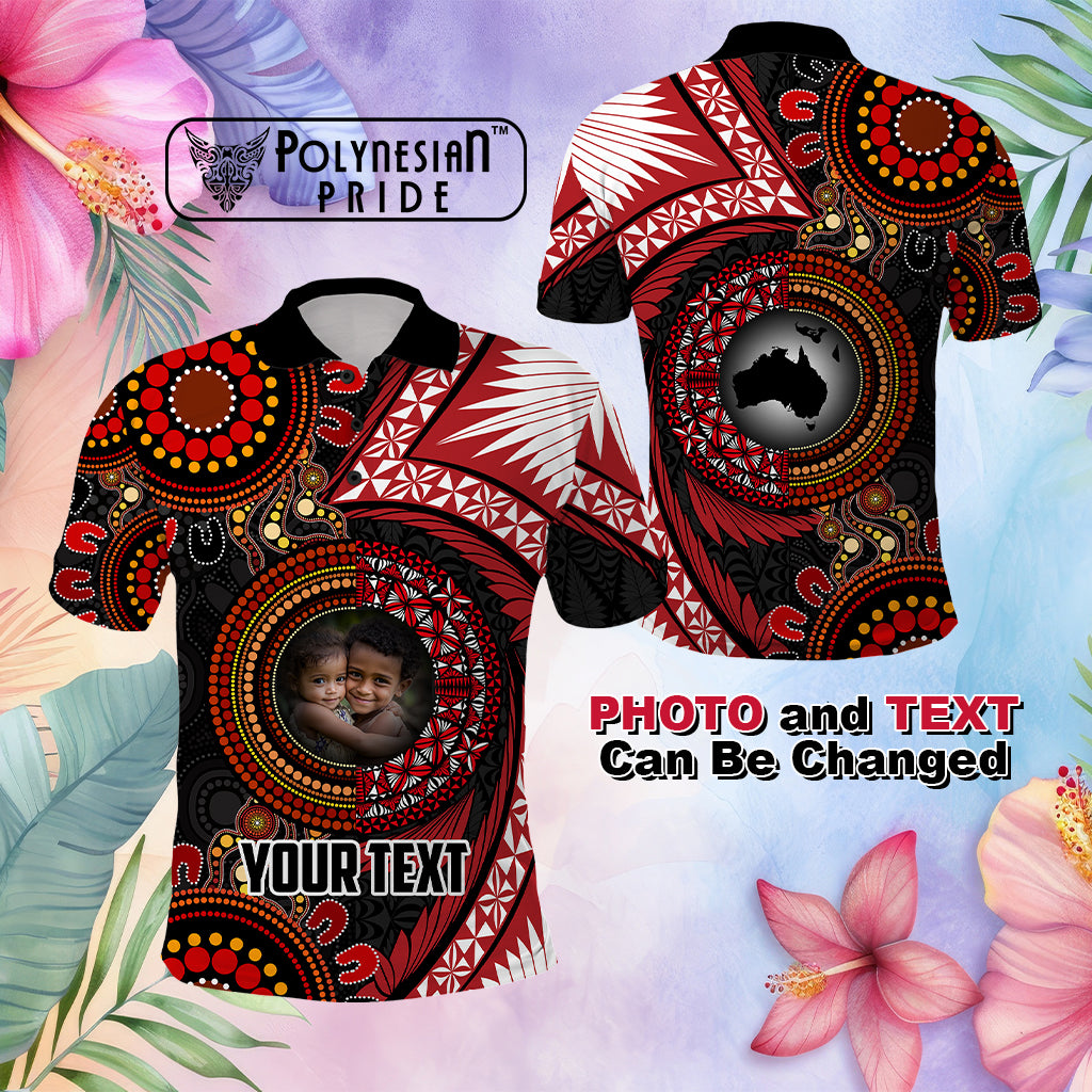 Custom Photo Tonga and Australia Together Polo Shirt Ngatu Art Tribal Aboriginal Tattoo Pattern