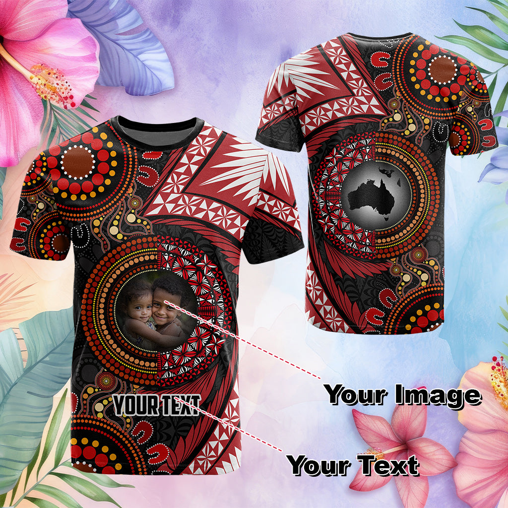 Custom Photo Tonga and Australia Together T Shirt Ngatu Art Tribal Aboriginal Tattoo Pattern